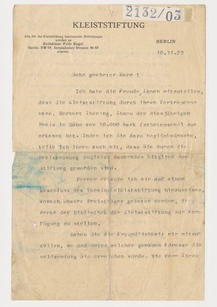Kleiststiftung (Fritz Engel) an Bertolt Brecht, 10. November 1922
